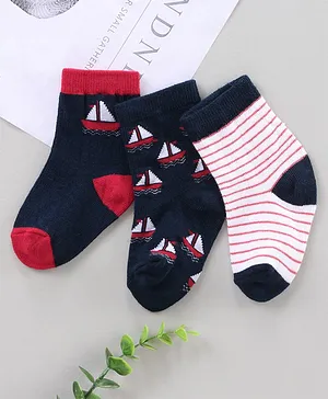 Cute Walk by Babyhug Ankle Length Antibacterial Socks Boat And Stripe Design Pack Of 3 - Blue Red White Cute Walk by Babyhug Ankle Length Antibacterial Socks Boat And Stripe Design Pack Of 3 - Blue Red White
