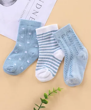 Cute Walk by Babyhug Ankle Length Antibacterial Socks Star Chain And Stripe Design Pack Of 3 - Blue White
