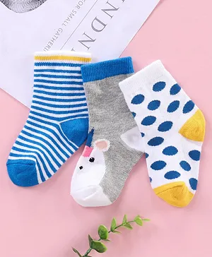 Cute Walk by Babyhug Ankle Length Antibacterial Socks Pattern Bunny And Stripe Design Pack Of 3 - Blue White Yellow