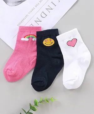 Cute Walk by Babyhug Ankle Length Antibacterial Socks Rainbow Smiley And Heart Design Pack Of 3 - Blue White Pink