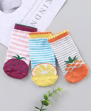 Cute Walk by Babyhug Ankle Length Antibacterial Socks Stripe And Fruit Design Pack Of 3 - Purple Yellow Orange