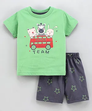 Pink Rabbit Half Sleeves T-Shirt & Shorts Set Bus Print - Kiwi Green Grey
