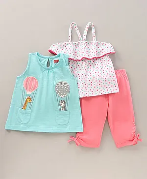 Babyhug Sleeveless & Off Shoulder Tops With Capri Set Polka Dot Print - Blue White Pink
