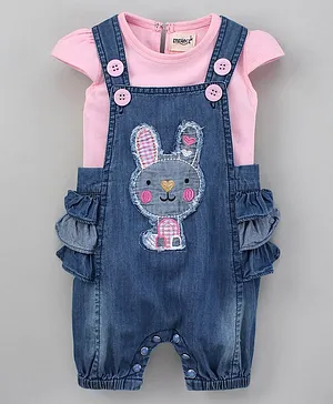 Enfance Core Half Sleeves Tee With Bunny Patch Denim Dungarees - Blue