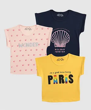 Femea Pack Of 3 Shorts Sleeves Paris Print Tops - Yellow Blue Peach