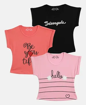 Femea Pack Of 3 Shorts Sleeves Simple Print Tops - Black Pink Orange