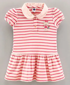 Teddy Puffed Sleeves Frock Stripes Print with Teddy Embroidery - Pink