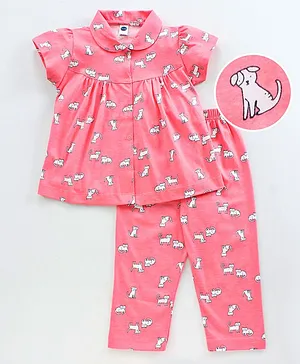 Teddy Cap Sleeves Night Suit Puppy Print - Pink