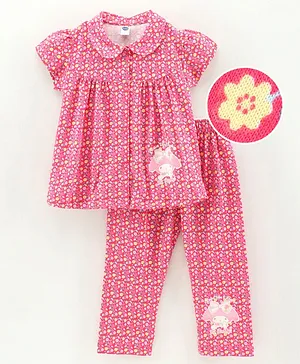 Teddy Half Sleeves Cotton Night Suit Floral Print - Pink