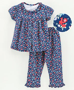 Teddy Half Sleeves Cotton Night Suit Floral Print - Blue
