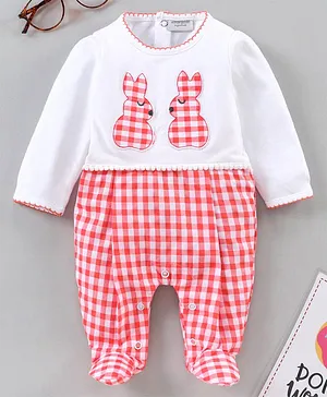 Wonderchild Full Sleeves Bunny Patch Checked Romper - Red