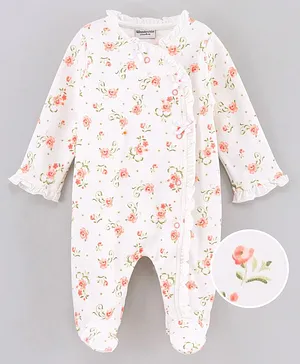 Wonderchild Full Sleeves Floral Printed Footed Romper - White