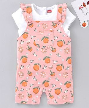 Babyhug Cotton Short Sleeves T-Shirt With Dungaree Orange Print- White Peach