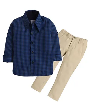 Knotty Kids Full Sleeves Checks Print Shirt & Solid Pants - Blue