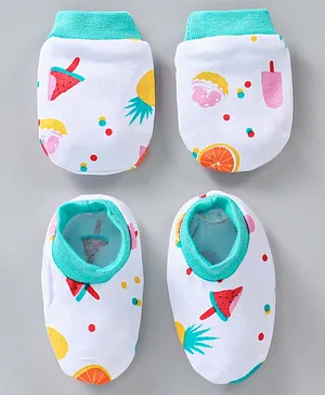 OHMS 100% Cotton Mittens And Booties Set Pineapple Print - Blue