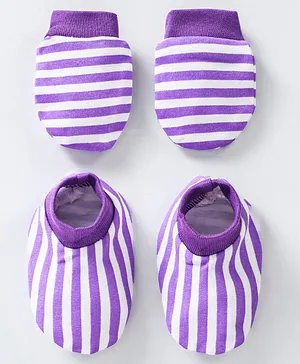 OHMS 100% Cotton Striped Mittens And Booties Set - Purple