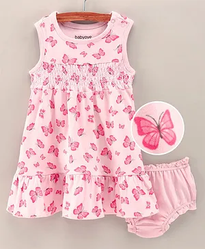 Babyoye Cotton Sleeveless Frock With Bloomer Butterfly Print - Light Pink