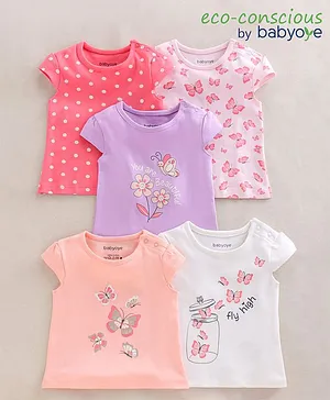 Babyoye Cotton Short Sleeves Tops Pack of 5 Butterfly Print - Multicolor