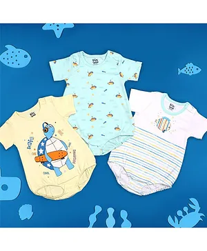 Kicks & Crawl Pack Of 3 Half Sleeves Underwater Creature Printed Onesie - Blue & Yellow
