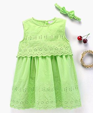 Babyhug Sleeveless Frock With Headband Schiffli Design - Green
