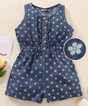 Babyhug Sleeveless Denim Jumpsuit Floral Print- Blue