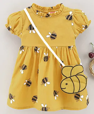 Babyhug Puffed Sleeves Frock With Sling Bag Honeybees Print - Dark Yellow