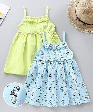 Babyhug Sleeveless Knee Length 100% Cotton Frock Pack of 2 - Green Blue