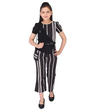 Cutecumber Half Sleeves Striped Jumpsuit With Sling Bag - Black