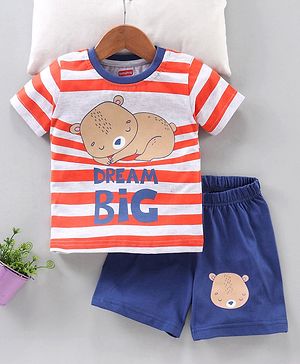 Babyhug Half Sleeves T-Shirt & Shorts Set Bear & Stripes Print - Red Blue