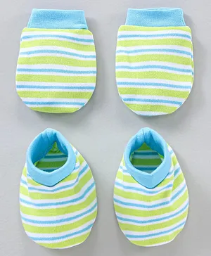 Babyhug Cotton Mittens & Booties Set Striped - Blue Green