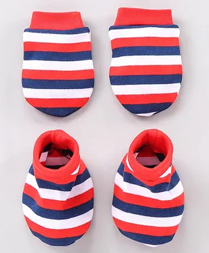 Babyhug Cotton Mittens And Booties Set Stripes - Red Blue