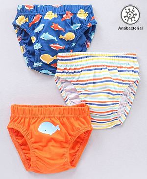 Babyhug Antibacterial Fish Print & Striped Briefs Pack Of 3 - Multicolor
