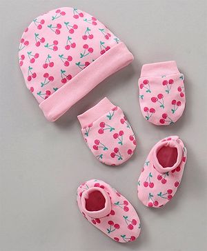 Babyhug 100% Cotton Cap Mittens & Booties Set Cherry Print Pink - Diameter 10.5 cm