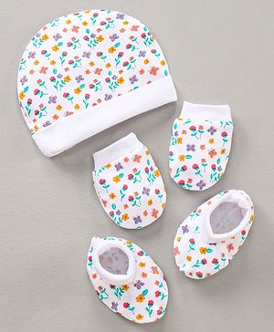Babyhug 100% Cotton Cap Mitten & Booties Set Floral Print - White