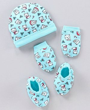 Babyhug 100% Cotton Cap Mitten & Booties set Blue - Diameter 12 cm