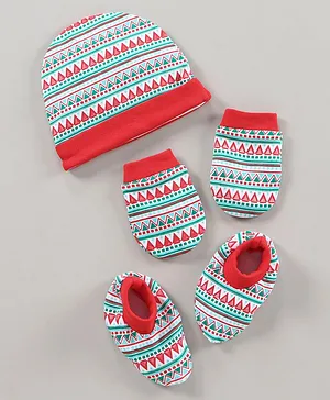 Babyhug 100% Cotton Cap Mitten & Booties Set Printed- Red