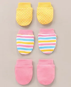 Babyhug 100% Cotton Mittens Dot Print & Striped Set of 3 - Multicolour