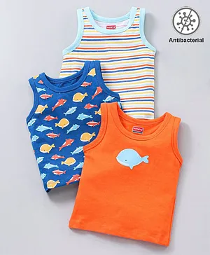 Babyhug Sleeveless Antibacterial Finish Sando Striped & Fish Print Pack of 3-  Multicolor