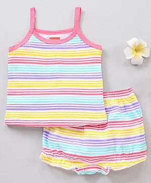 Babyhug 100% Cotton Sleeveless Slip & Bloomer Set Striped - Pink Yellow Blue