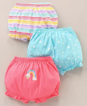 Babyhug 100% Cotton Striped And Printed Bloomers Pack of 3 - Pink Blue