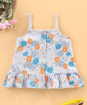 Babyhug Singlet Printed Tee With Frill Detailing - Grey