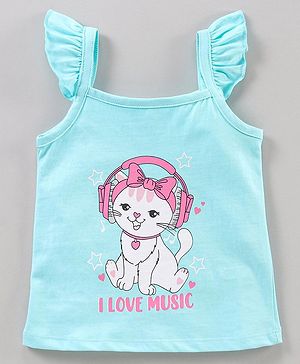 Babyhug Flutter Sleeves Top Kitty Print - Light Blue