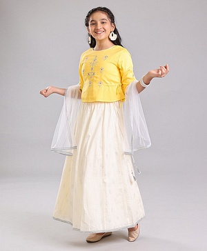 Pine Kids 3/4th Sleeves Embroidered Choli with Printed Lehenga - Yellow Silver