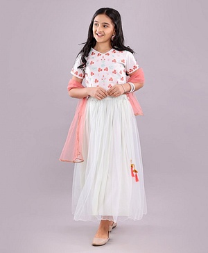 Pine Kids Half Sleeves Embroidered Choli & Lehenga Set With Dupatta - White