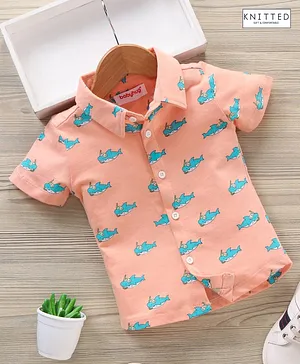 Babyhug Half Sleeves Knitted Shirt Shark Print - Orange