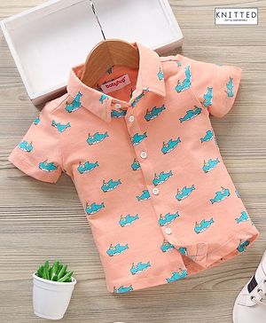 Babyhug Half Sleeves Knitted Shirt Shark Print - Orange