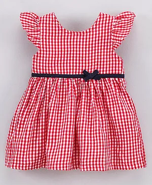 Simply Half Sleeves Frock Checks Print with Bow Detailing - Red