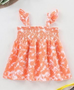 Babyhug Singlet Sleeves Top with Smocking and Frill Detailing - Orange