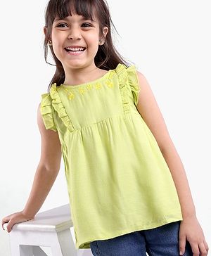 Babyhug Sleeveless Cotton Top with Lace Detailing and Floral Embroidery - Light Green