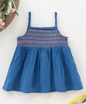 Babyhug Singlet Sleeves Top With Smocking & Embroidery Detailing - Blue